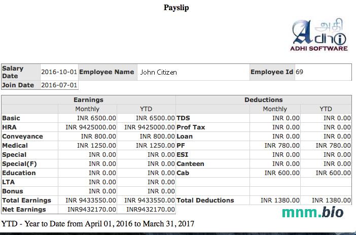 Szablon payslip firmy Indie ADHI Software w formatach Word i PDF